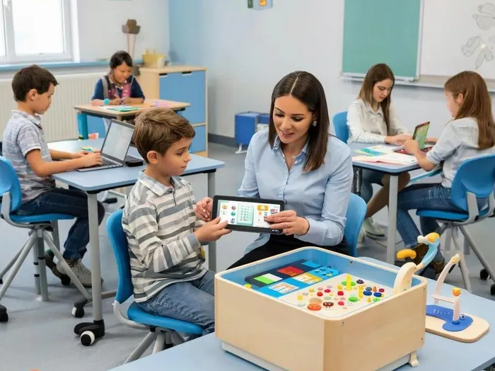 педагог с детьми изучают оборудование