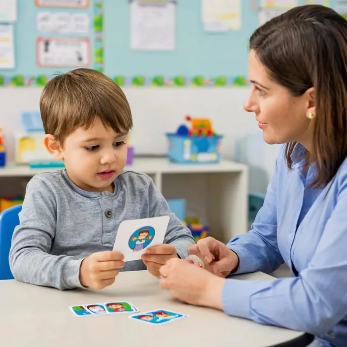 педагог и ребенок отрабатывают навык просьбы