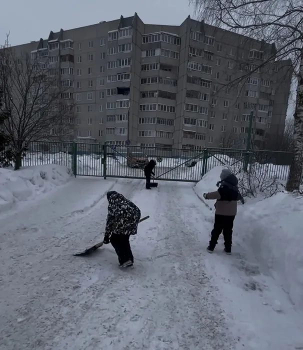 Ребята 4 Е дружно и весело убирают снег